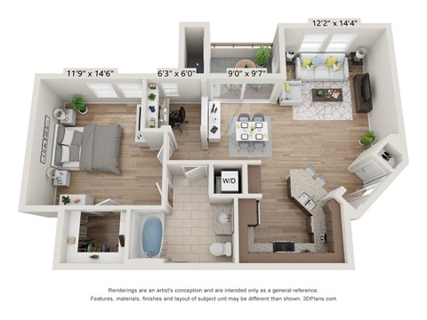 Floor plan for 1 bed, 1 bath, 869 sqft